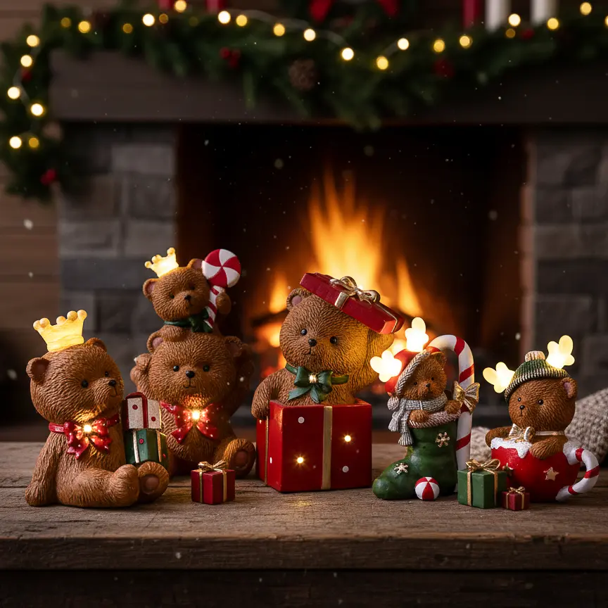 diverse statutete raffiguranti babbo natale con sfondo natalizio